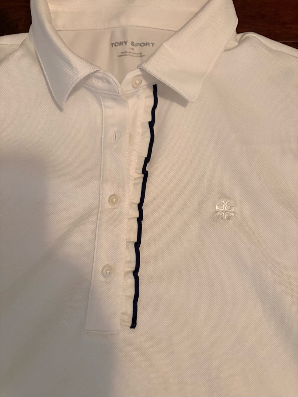 Tory Burch White Sleeveless Golf Top with Navy Ruffle - Picture 3 of 3